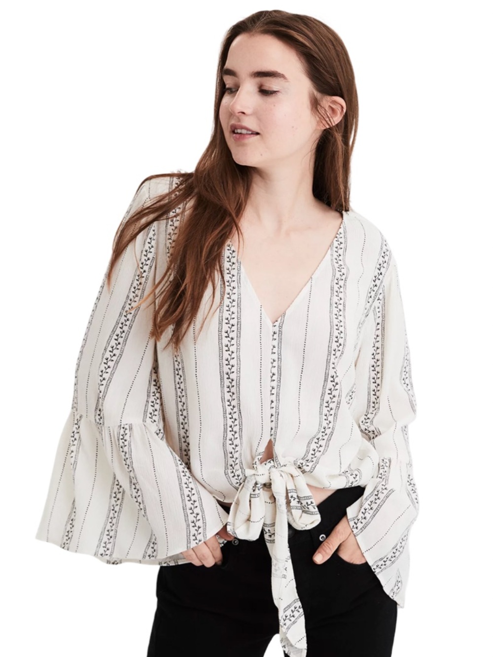 American Eagle Cream Black Striped Tie-Front V-Neck Blouse Top Small Boho Beach